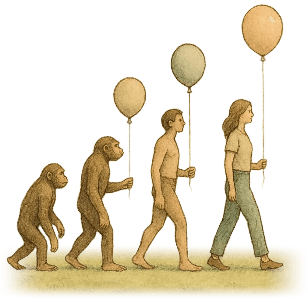 Watercolour drawing: an ape, an early human, a man and a woman walk in a row across a meadow, each holding a balloon that grows larger and more orange from left to right.